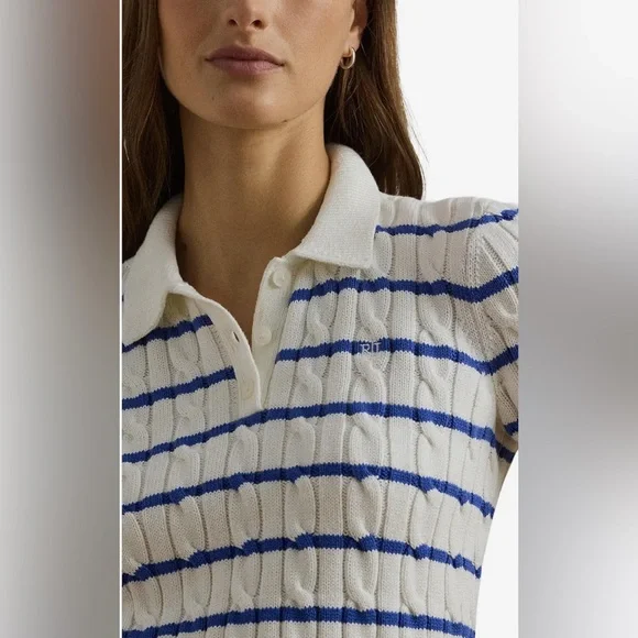NWT Ralph Lauren White and Blue Cable Knit Polo - Picture 2 of 8
